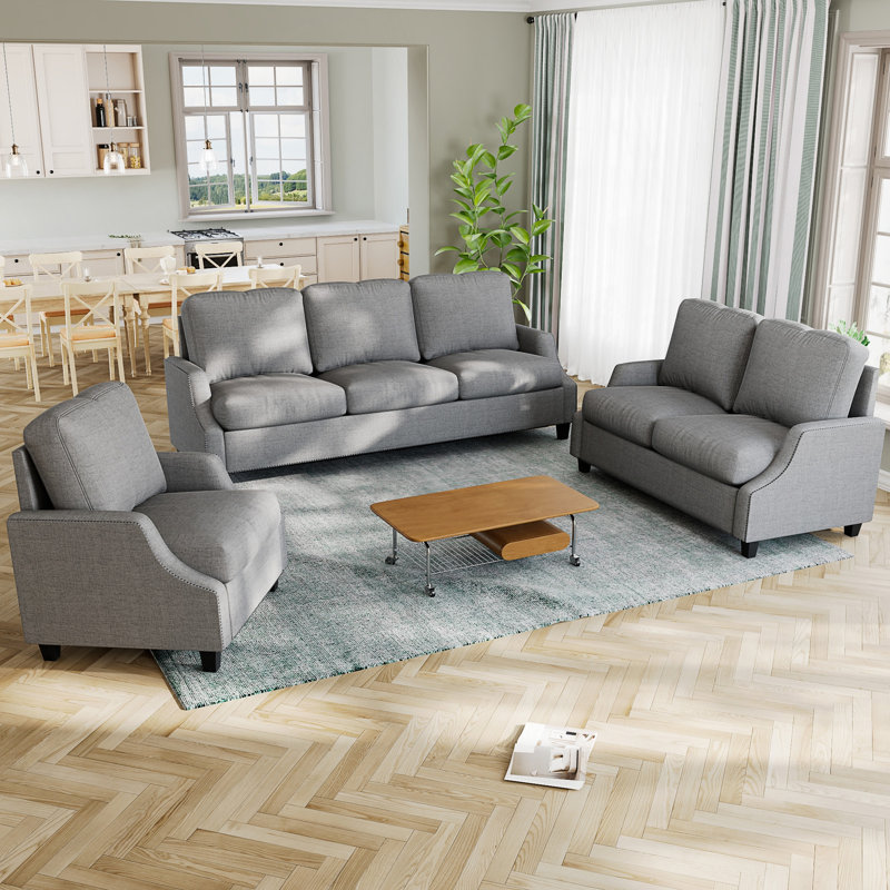 Ensemble de canapé de salon moderne 3 pièces avec canapé modulaire, causeuse et fauteuil pour espaces compacts.
