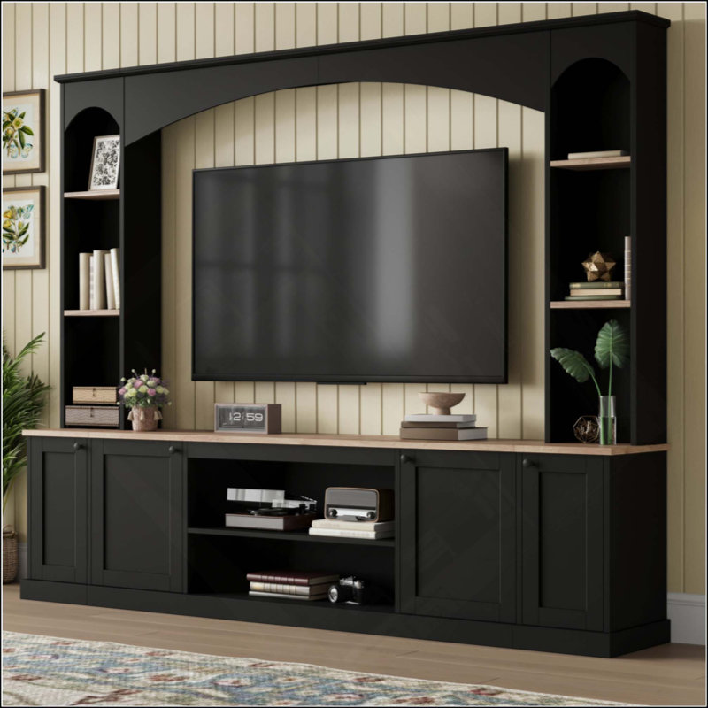 Meuble audio-vidéo élégant avec bibliothèque, meuble télé de style campagne avec grain de bois pour téléviseur de 70 po ou moins, console multimédia avec tablettes réglables pour le salon