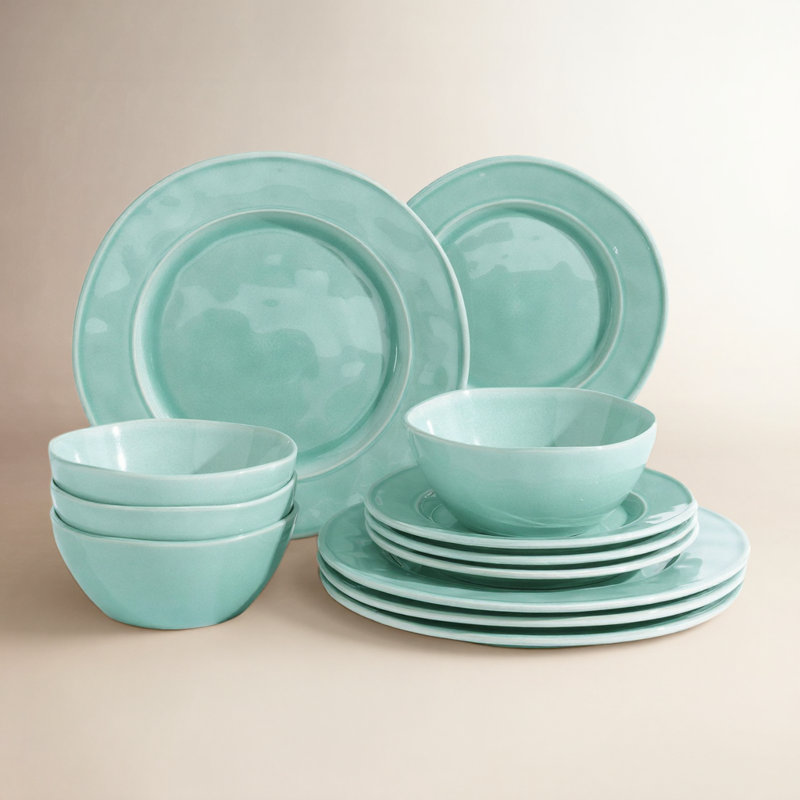  12 piece Stoneware Dinnerware Set - Service for 4, Mint Green