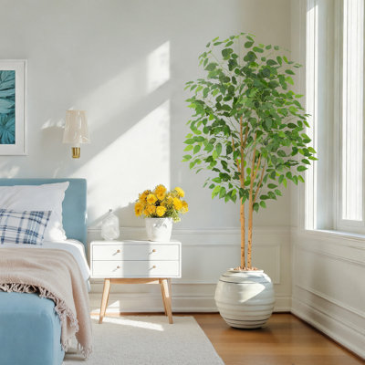 Ficus artificiel en pot, faux figuier avec tronc en bois naturel pour la décoration intérieure