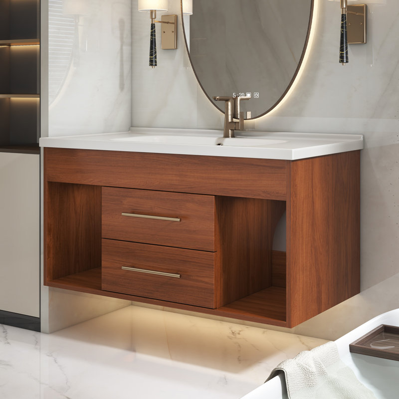  Meuble-lavabo flottant 35,4 po avec lavabo simple, armoire de rangement murale en bois et poignées dorées, blanc et noyer