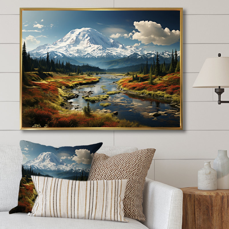 Art mural américain «Mount Rainier» - États-Unis, H 34 po x l 44 po x P 1,5 po, Cadre flottant doré