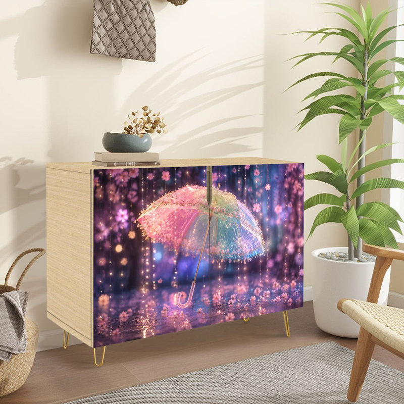 Buffet Buffet avec rangement Parasol coloré avec motif de fleurs de cerisier avec 2 portes pour le salon et la cuisine