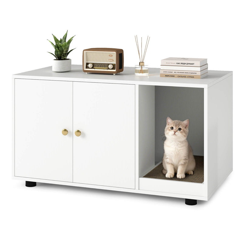 Enceinte de litière en bois pour chat, bac à litière caché blanc, Blanc