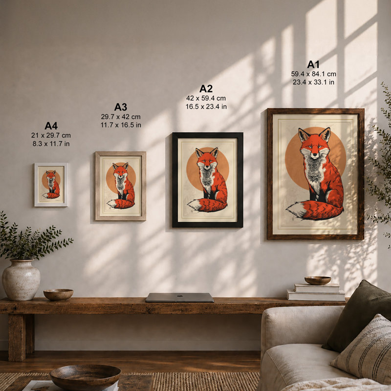 Fox In Circle Modern - Print, Black, A3 - 42.0 x 29.7 cm