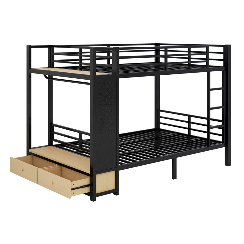 Lit superposé en métal pour les adolescents avec tablettes de rangement, tiroirs et panneau perforé, Double sur double