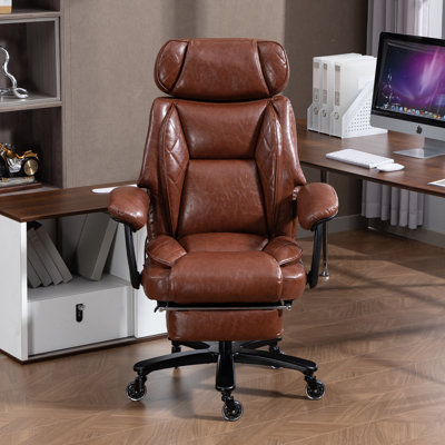 Grande et haute chaise de bureau pour personnes lourdes, chaise de bureau de direction robuste avec repose-pieds, support de bois à la taille, appui-tête réglable, brun