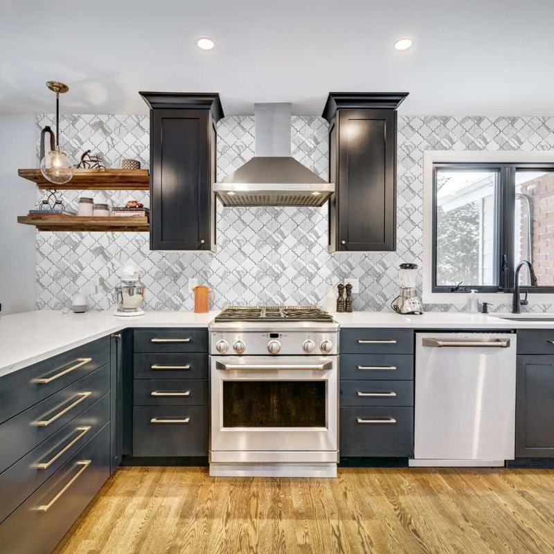Stately Arabesque 11" x 12" Porcelain Marble Look Wall & Floor Tile, Calacatta