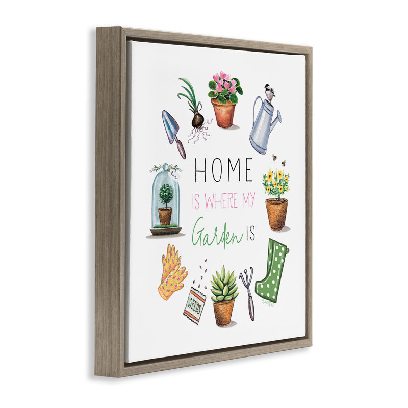 «Home Where Garden Is», art mural encadré par Elizabeth Tyndal, H 18 po x l 18 po, Cadre flottant gris lustré