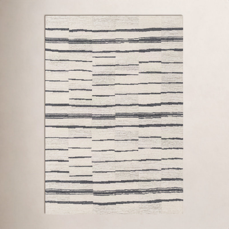 Rune Striped Handmade Tufted Wool Area Rug in Beige/Charcoal, Rectangle 8' x 10'