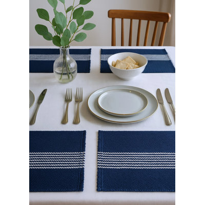 19" Set of Four Navy Blue And White Striped Cotton Placemats