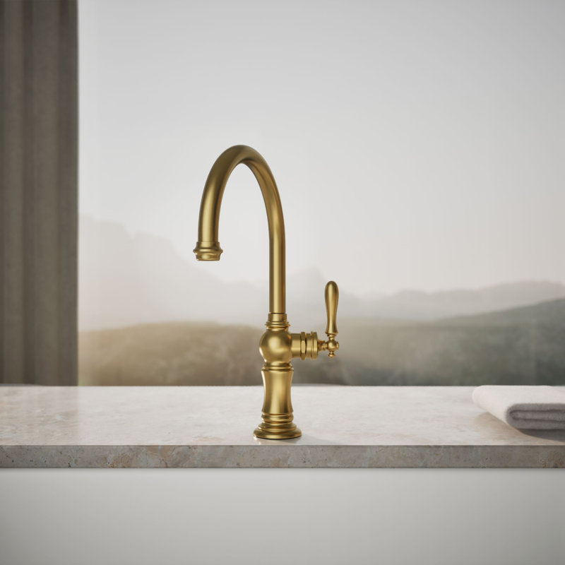 Artifacts® Single-Hole Kitchen Faucet with Swing Spout, Arc Spout Design, Vibrant Brushed Moderne Brass