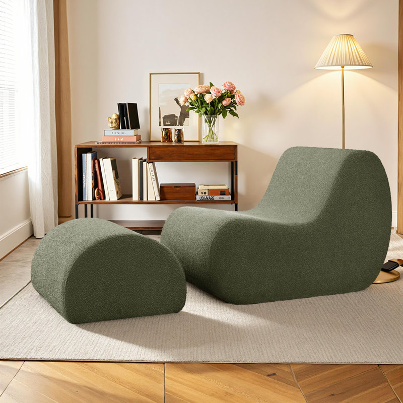 Fauteuil d'appoint avec repose-pieds Modern Wave, Mélange de polyester vert olive