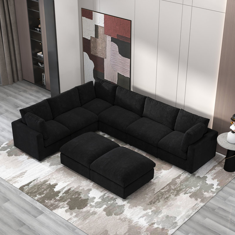 Kessi 8-Piece Upholstered Modern Chenille Fabric Modular Sectional Sofa With Ottoman, Black Chenille