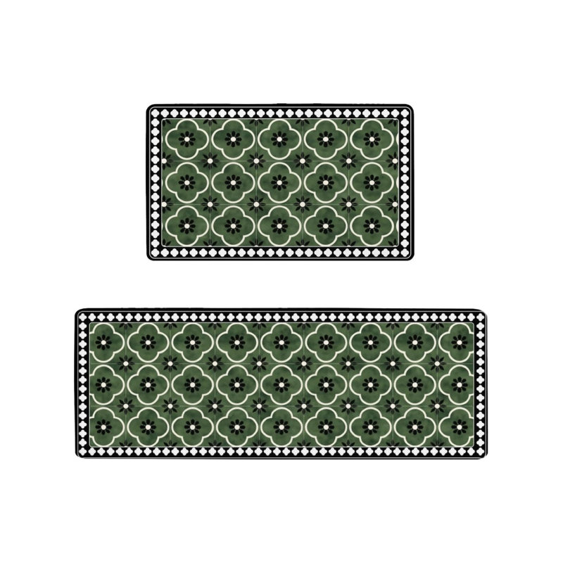 Tapis de cuisine vert à carreaux marocains pour cuisine et salle de bain, ensemble de 2 pièces vert noir