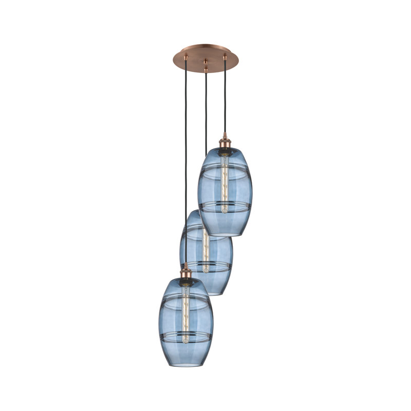 Luminaire suspendu rond / ovale 3 lumières Dundrod, H 30,38 po x l 14,5 po x P 14,5 po, Bleu princesse, Cuivre antique