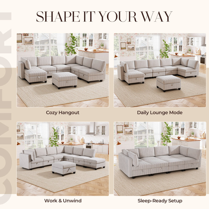 128" Oversized Modular 8 Seater Sofa with Removable Cover and Storage, Convertible U, L-Shaped Sofa
