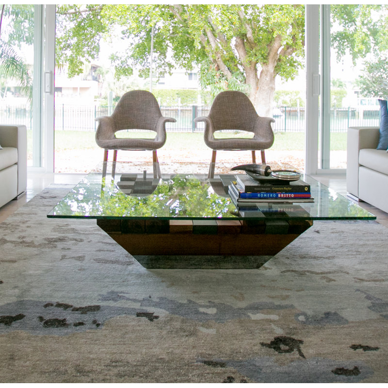 Sleek Frosted Glass & Wood Inlay Square Cocktail Table