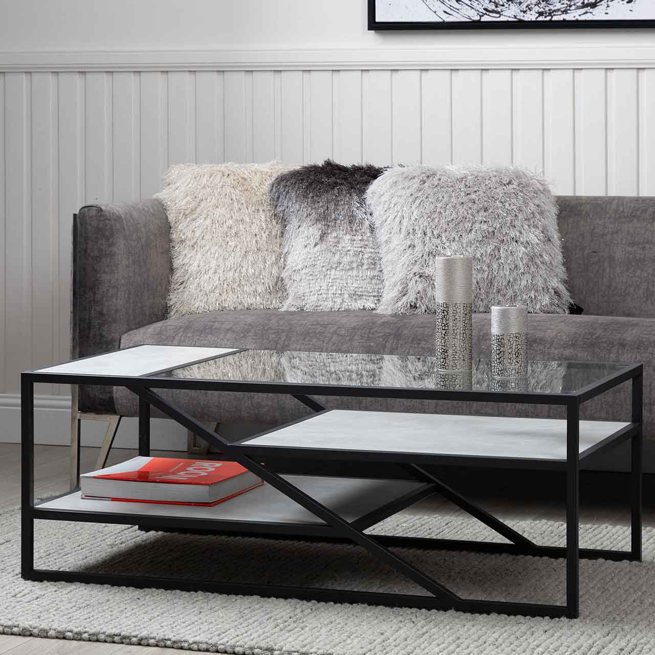 120cm Coffee Table for Living Room Furniture 3 Tier Metal Centre Table in Black Finish