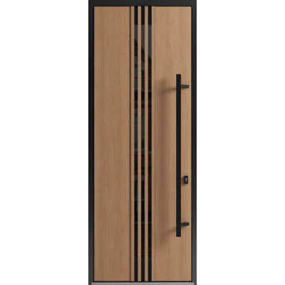Front Exterior Prehung Steel Door / Ronex 1055 Teak / Top Exterior Window Sidelite / Entry Metal Modern Painted W36" x H96+16" Left hand Inswing