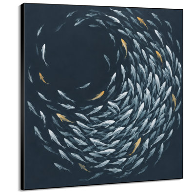 Impression sur tissu grand format - Motif de poissons argentés et dorés tourbillonnants sur fond bleu foncé pour salon ou chambre - « Assemblage du cadre requis (cadre non fini) »
