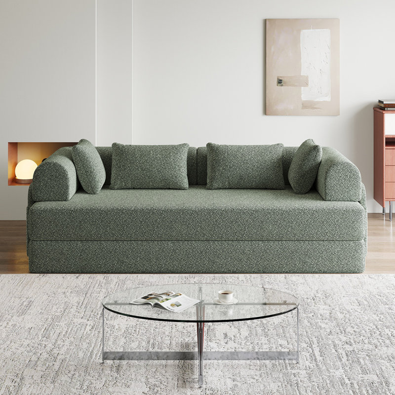 Boneless 78.7" Convertible Sleeper Sofa Bed - Chenille Folding Floor Couch With 4 Pillows & Side Storage Pocket, Green