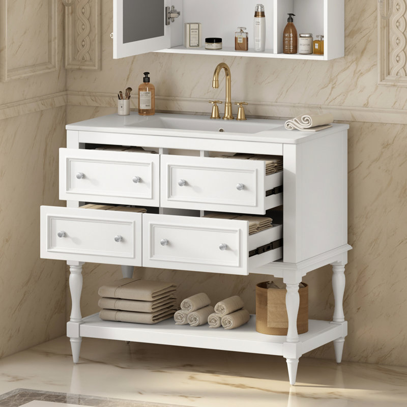 Meuble-lavabo blanc avec lavabo 36 po, bois massif, 4 tiroirs, cuve en céramique, armoire facile à assembler blanche, 36 po