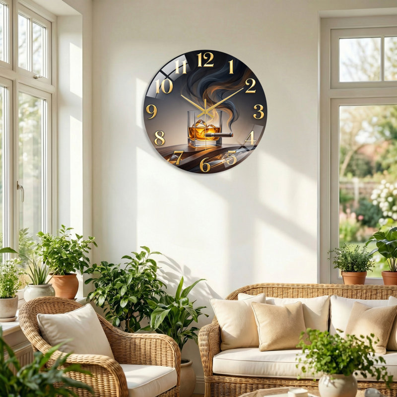 Horloge murale en verre Whiskey Smoke, 60 x 60 cm (23,6 x 23,6 pouces)