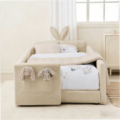 Lit plateforme tapissier simple avec tête de lit en forme d'oreille de lapin, avec barrière de sécurité et poche, tissu bouclé, chameau