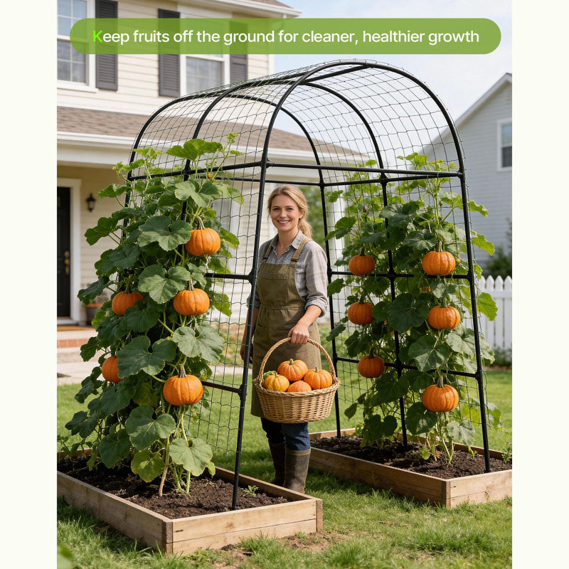Garden Arch Trellis For Climbing Plants, 90.6 In. Tall Metal Garden Arch With Nylon Netting & Plant Ties, Outdoor Garden Trellis For Roses, Grapes, Cucumbers & Flowering Vines