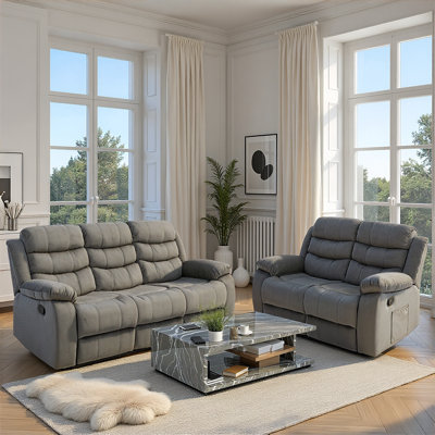 Varessa 2-Piece Upholstered Microsuede Reclining Sofa Set,Velvet Recliner Couch with Side Pockets,Home Theater Seating Living Room Sofa With 2+3 Seater,Gray													