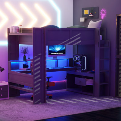 Wooden Gaming Loft Bed with Desk, LED Lights, Charging Station, Shelves & Storage, Dark Gray