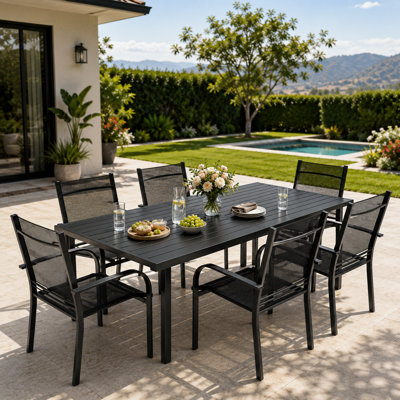 6-Person Outdoor Dining Set with Mesh Chairs & Rectangular Metal Table, Black