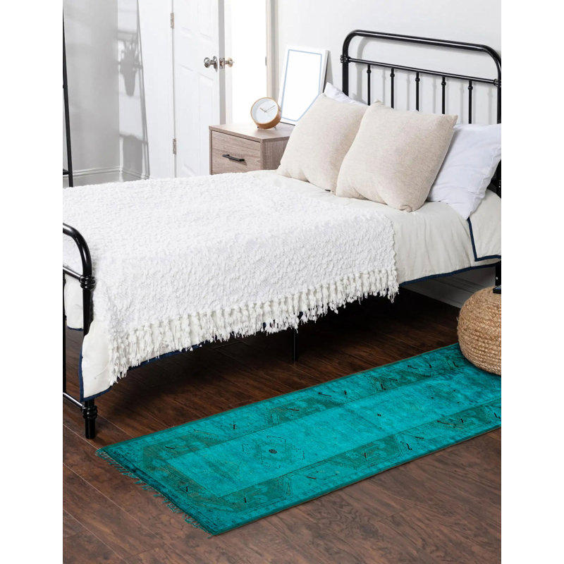 Tapis bleu sarcelle transitionnel noué à la main de conception unique 2 pi 9 po x 8 pi 9 po