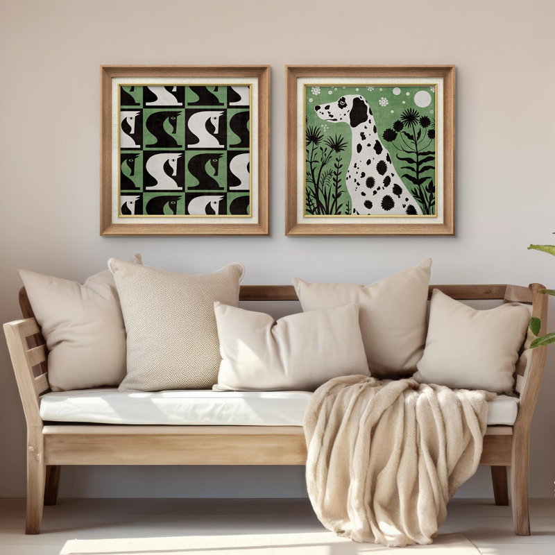 «Green Abstract Horses Dog», ensemble de 2 reproductions d'art sur toile encadrées, Natural Gallery Frame, H 26 po x l 26 po