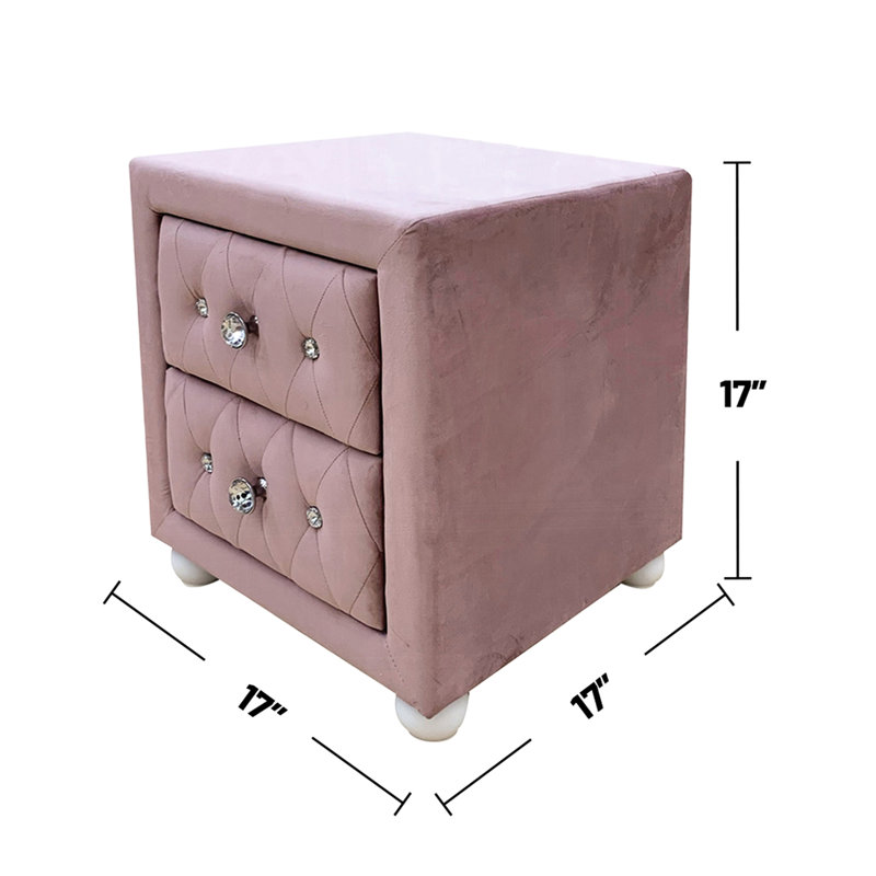 Table de chevet rembourrée en tissu rose avec 2 fonctions, 2 tiroirs, butée, pieds en bois blanc