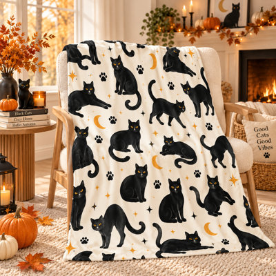 Cream Black Cat Pattern Flannel Blanket, Crescent Moon Paw Print Throw with Stars on Ivory Background for Sofa Bed Reading Nook Decor, 50 x 60 in