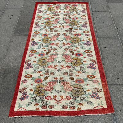 Vintage Turkish Oushak Rug with Red Floral Pattern for Entryway or Living Room
