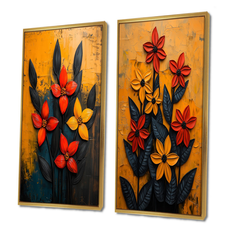 Automne, plantes, pétales de la saison I - Art sur toile floral, 2 pièces, Cadre flottant doré, H 28 po x l 25 po