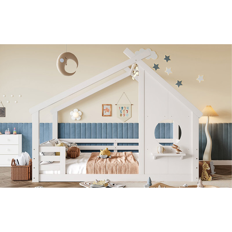 Lit double au sol avec fenêtre et petite tablette, lit en bois massif avec toit en forme de maison, sans sommier, blanc