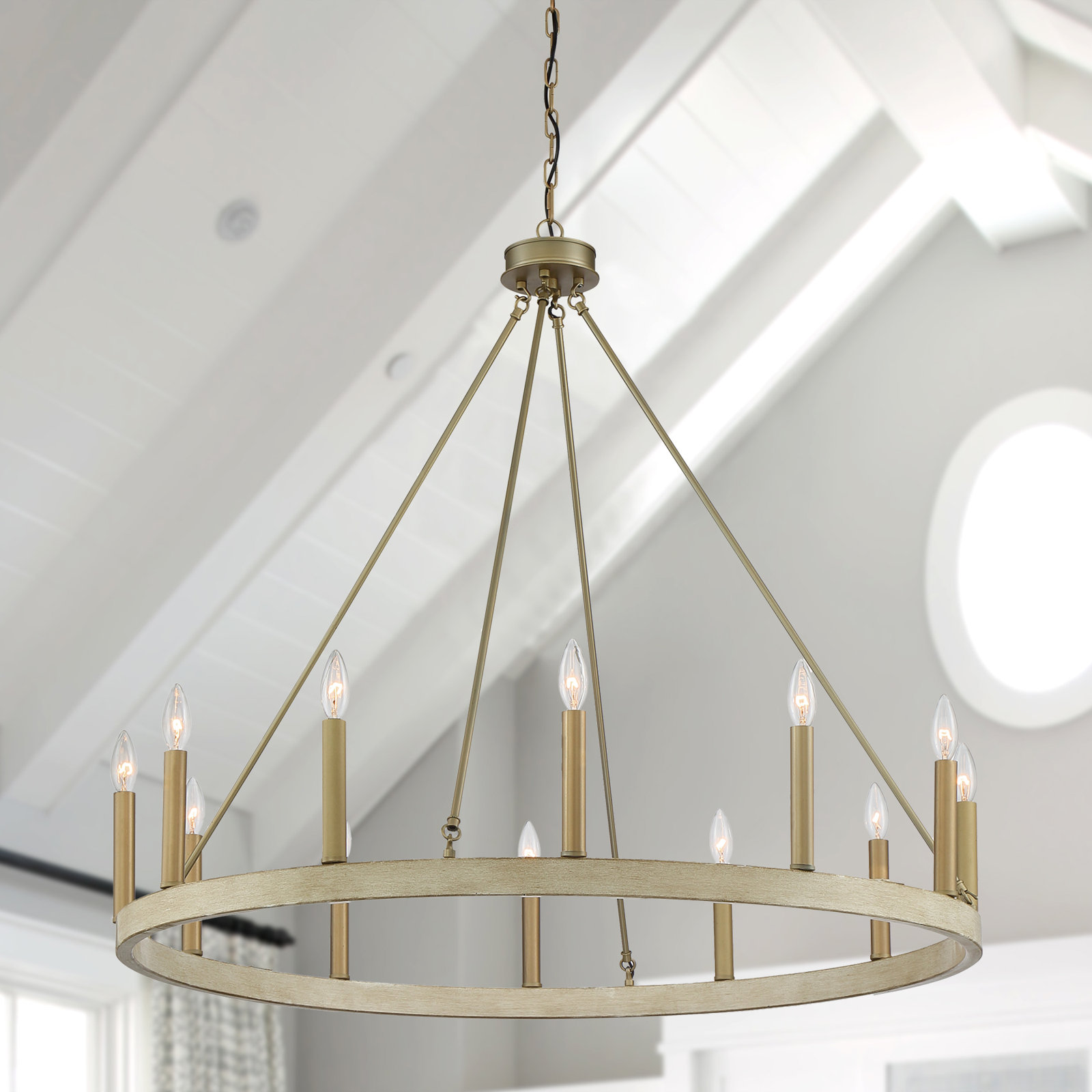Madalyn 12 - Light Candle Style Wagon Wheel Chandelier, Driftwood/Brass Dust