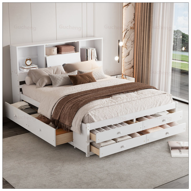 Lit plateforme en bois de pin massif avec tête de lit et tiroirs de rangement, idéal pour les chambres modernes et peu encombrant.