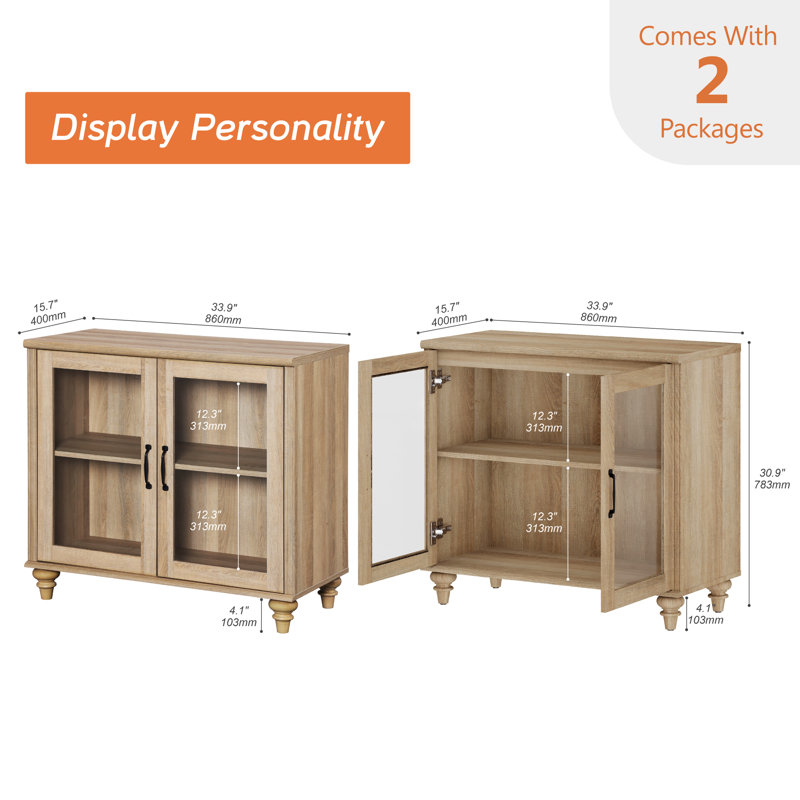 Nightstand For Bedroom With Glass Doors, Mid Century Modern Wooden Closet Storage Organizer, Set of 2, Oak/Oak