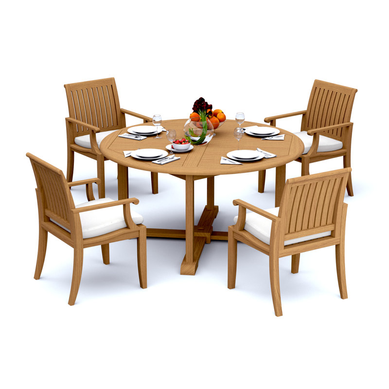 4 Seats 5 Pcs Grade-A Teak Wood Dining Set: 60" Round Table And 4 Lagos Arm Chairs #11LG1204, 4
