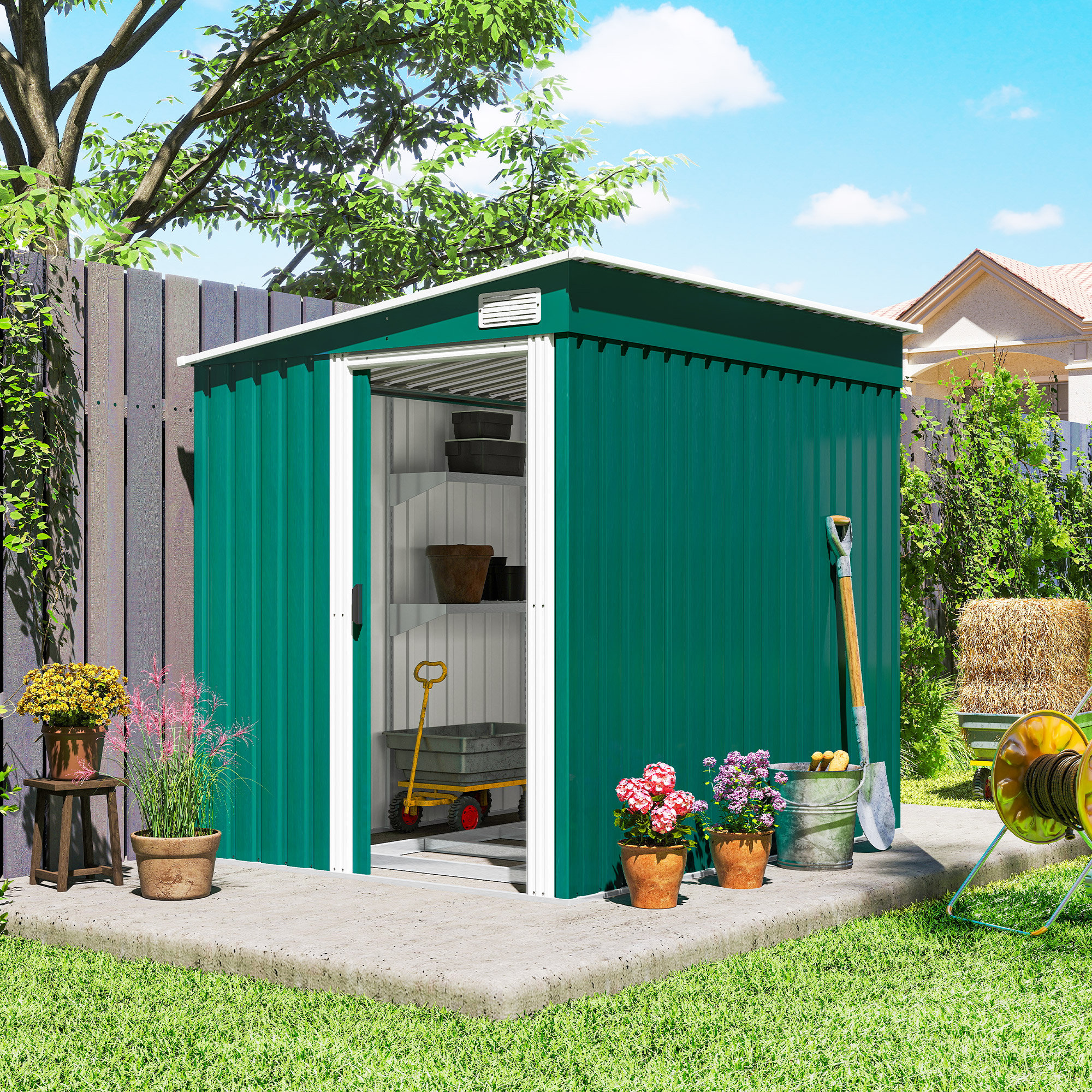 Lean To Outside Racking Outsunny 5 x 7FT Lean to Outdoor Storage Shed w/ Foundation, Green ...