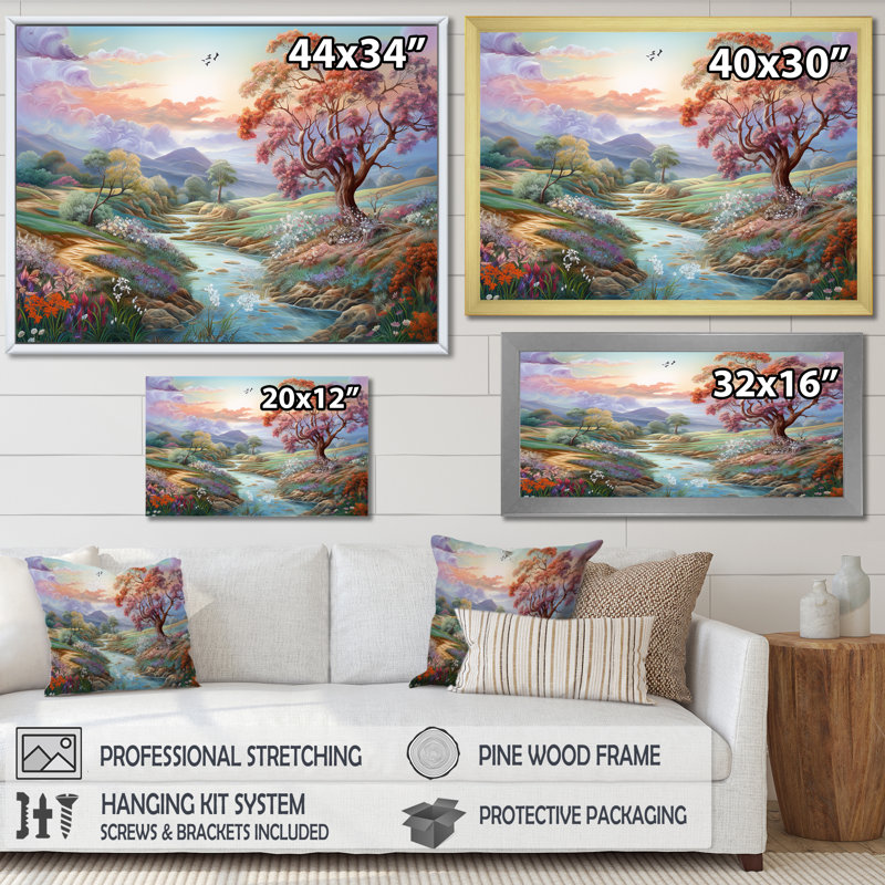 Paysage campagne charmante - décoration murale campagne, Cadre flottant doré, H 12 po x l 20 po x P 1 po