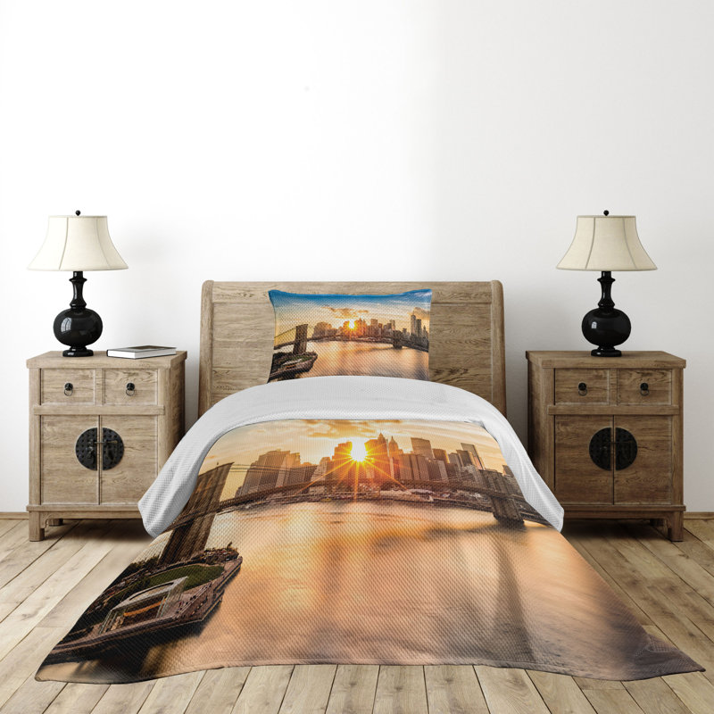 King Size White Microfiber Quilted Bedspread Set with Cityscape Design