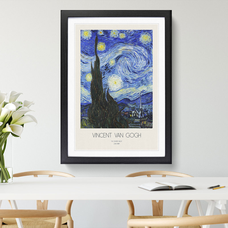 The Starry Night with Border by Vincent Van Gogh - Picture Frame Painting, 48cm H x 36cm W x 2cm D, Black Framed