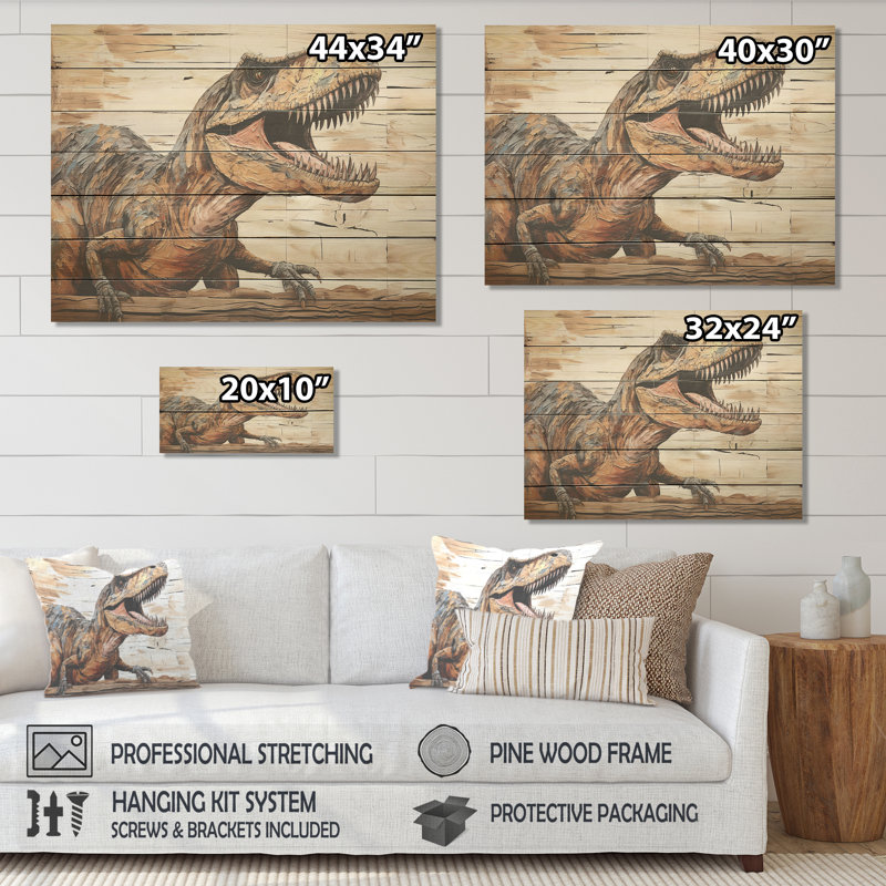 «Dinosaur Canyon I» brun - impression de dinosaure sur bois, H 30 po x l 40 po