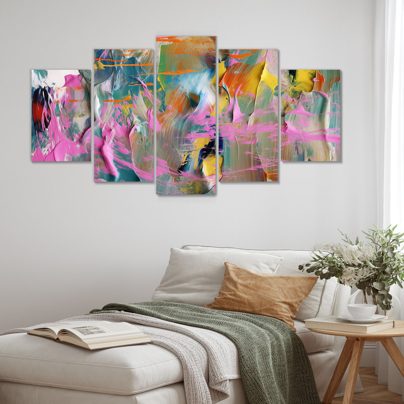 Miami Sunset Celebration I - Art mural abstrait 5 pièces, 32" H x 60" W